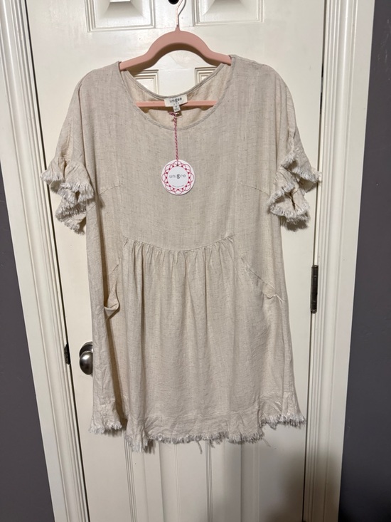 Umgee Dresses & Skirts - Umgee Beige Fringed Short Sleeve Dress